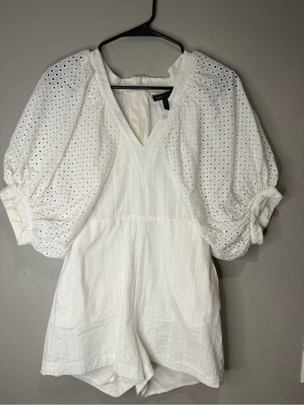 BCBGMaxAzria White Eyelet Puff Sleeve Tunic Romper